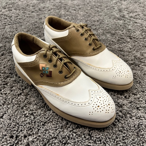 Footjoy GreenJoys Womens Size 8M Wingtip Golf Shoes White Brown Style 48868 - Picture 2 of 10